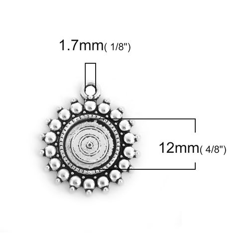Picture of Zinc Based Alloy Charms Round Disc Antique Silver Color Cabochon Settings (Fits 12mm Dia.) 27mm x 24mm, 30 PCs