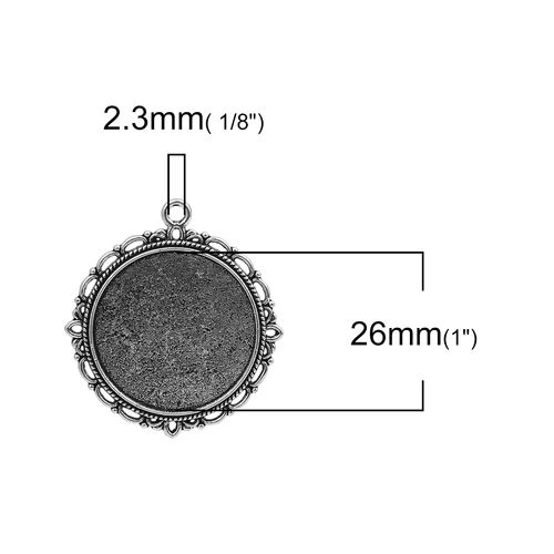 Picture of Zinc Based Alloy Pendants Round Antique Silver Color Cabochon Settings (Fits 26mm Dia.) 39mm x 35mm, 10 PCs