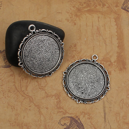 Picture of Zinc Based Alloy Pendants Round Antique Silver Color Cabochon Settings (Fits 26mm Dia.) 39mm x 35mm, 10 PCs