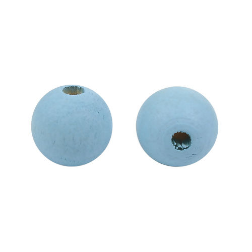 Picture of Natural Hinoki Wood Spacer Beads Round Light Blue About 16mm Dia, Hole: Approx 3.7mm, 100 PCs