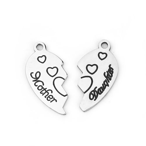 Picture of 201 Stainless Steel Charms Broken Heart Silver Tone Message " Mother & Daughter " 25mm x12mm(1" x 4/8") 24mm x13mm(1" x 4/8"), 1 Set(2 PCs/Set)