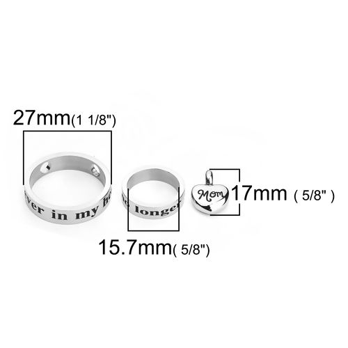 Picture of 304 Titanium Steel Cremation Ash Urn Charms Heart Silver Tone Circle Ring Message " Mom " 27mm(1 1/8") Dia. 19mm( 6/8") Dia. 17mm x12mm( 5/8" x 4/8"), 1 Set (3PCs/Set)”