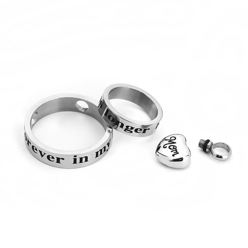 Picture of 304 Titanium Steel Cremation Ash Urn Charms Heart Silver Tone Circle Ring Message " Mom " 27mm(1 1/8") Dia. 19mm( 6/8") Dia. 17mm x12mm( 5/8" x 4/8"), 1 Set (3PCs/Set)”