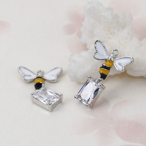Picture of Brass Charms Bee Animal Real Platinum Plated Transparent Clear Acrylic Rectangle Enamel 21mm( 7/8") x 15mm( 5/8"), 2 PCs