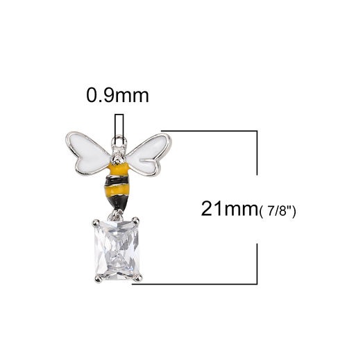 Picture of Brass Charms Bee Animal Real Platinum Plated Transparent Clear Acrylic Rectangle Enamel 21mm( 7/8") x 15mm( 5/8"), 2 PCs