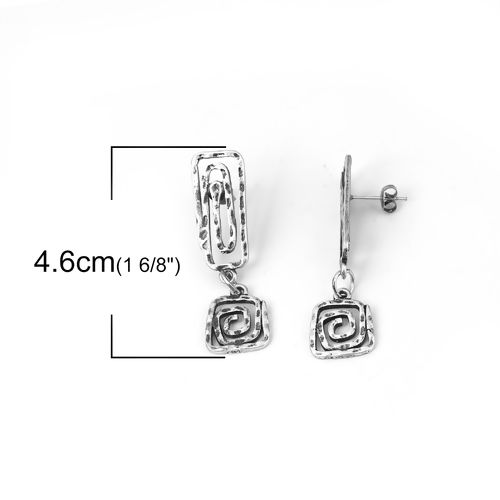 Picture of Zinc Based Alloy Ear Post Stud Earrings Findings Rectangle Antique Silver Color Spiral Pattern 46mm x 13mm, Post/ Wire Size: (21 gauge), 2 PCs