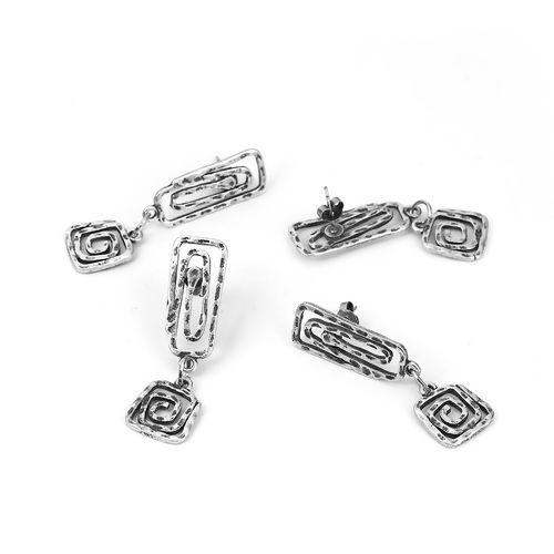 Picture of Zinc Based Alloy Ear Post Stud Earrings Findings Rectangle Antique Silver Color Spiral Pattern 46mm x 13mm, Post/ Wire Size: (21 gauge), 2 PCs