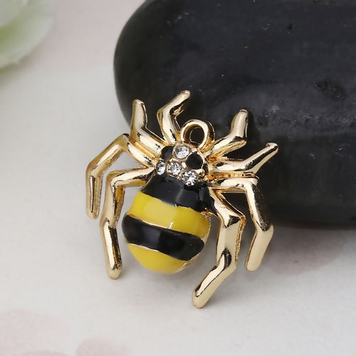 Picture of Zinc Based Alloy Charms Halloween Spider Animal Gold Plated Yellow Clear Rhinestone Enamel 22mm( 7/8") x 20mm( 6/8"), 5 PCs