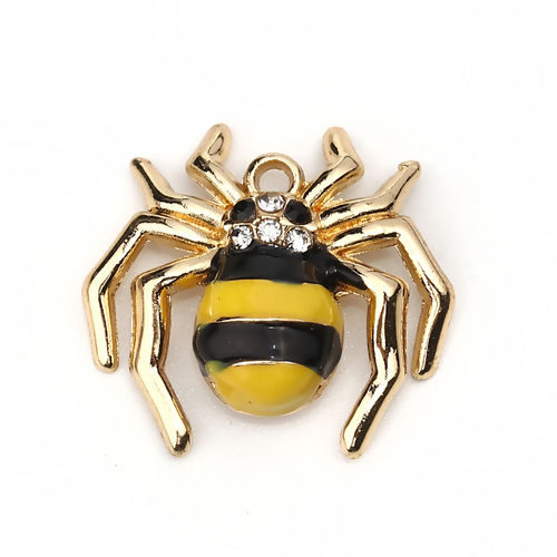 Picture of Zinc Based Alloy Charms Halloween Spider Animal Gold Plated Yellow Clear Rhinestone Enamel 22mm( 7/8") x 20mm( 6/8"), 5 PCs