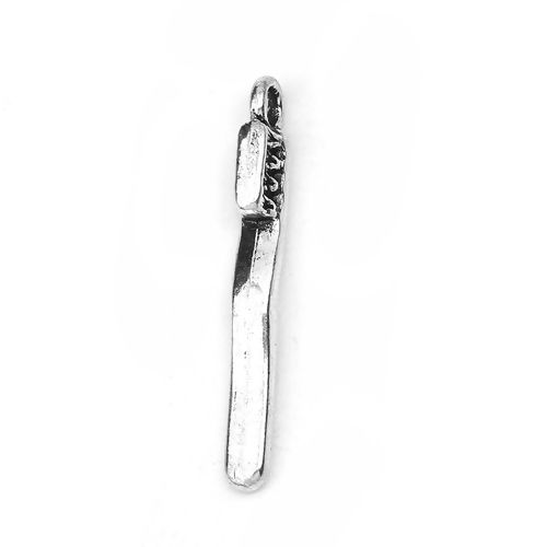 Picture of Zinc Based Alloy Charms Toothbrush Antique Silver Color 29mm(1 1/8") x 5mm( 2/8"), 50 PCs
