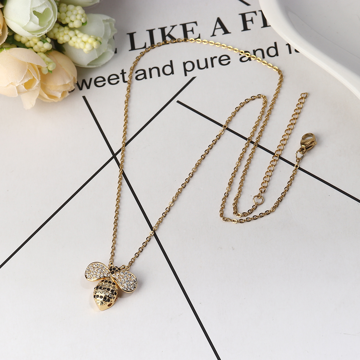 Picture of 304 Stainless Steel Necklace Gold Plated Bee Animal Black Rhinestone 45.5cm(17 7/8") long, 1 Piece