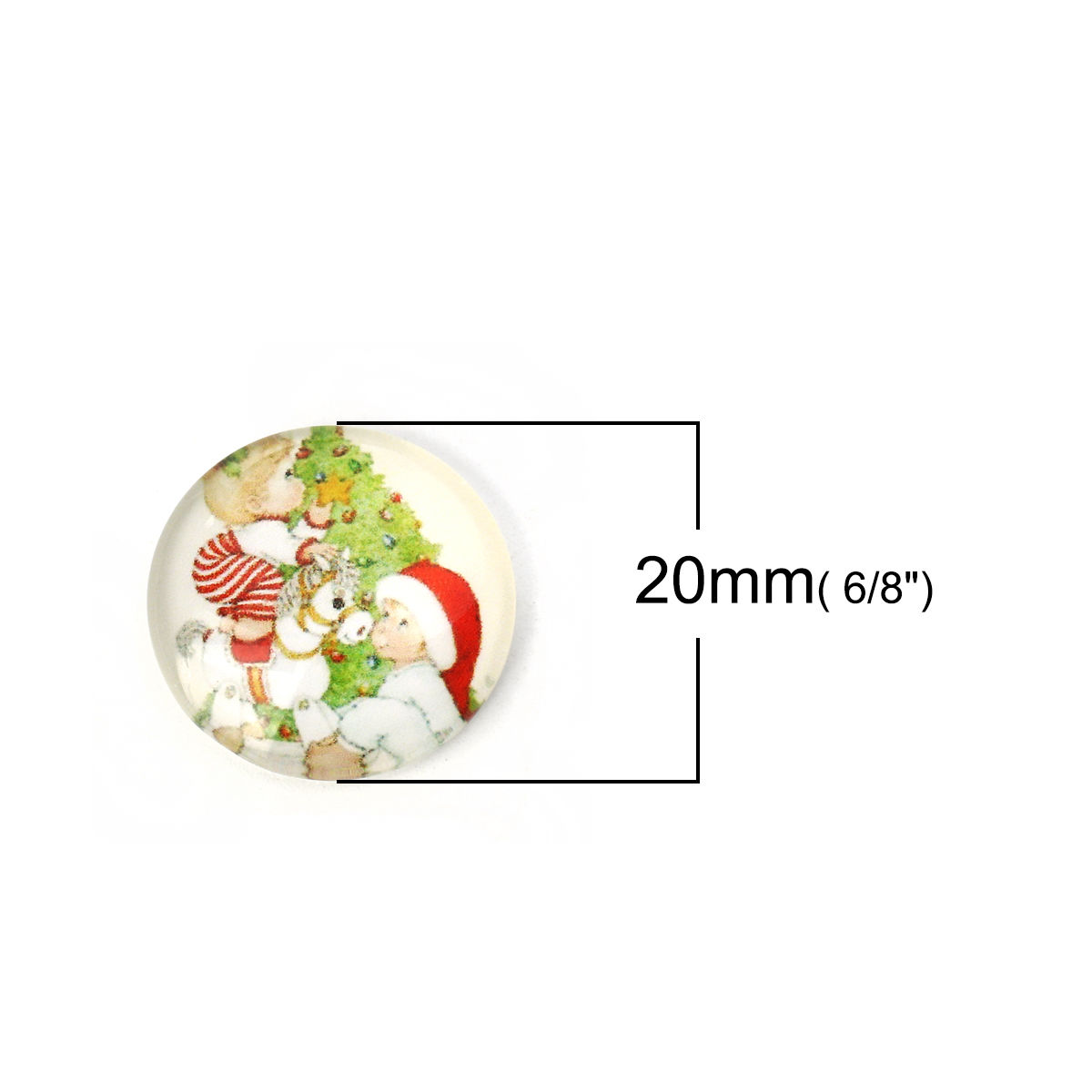 Picture of Glass Dome Seals Cabochon Round Flatback White & Green Christmas Tree Pattern 20mm( 6/8") Dia, 30 PCs