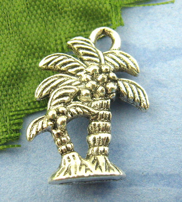 Picture of 40PCs Antique Silver Color Coconut Palm Charms Pendants 18x13mm