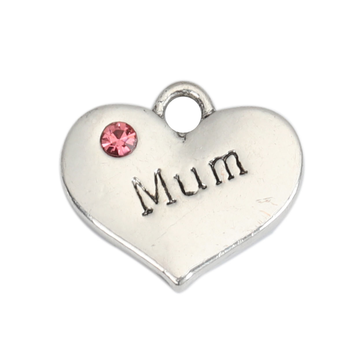 Picture of Zinc Based Alloy Charms Heart Antique Silver Color Message " MUM " Fuchsia Rhinestone 17mm x 15mm, 10 PCs