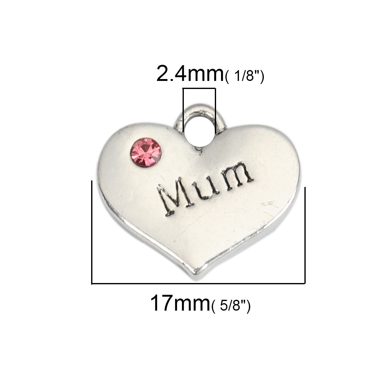 Picture of Zinc Based Alloy Charms Heart Antique Silver Color Message " MUM " Fuchsia Rhinestone 17mm x 15mm, 10 PCs