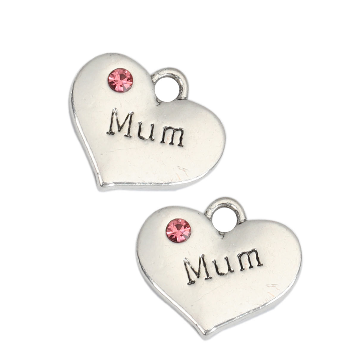 Picture of Zinc Based Alloy Charms Heart Antique Silver Color Message " MUM " Fuchsia Rhinestone 17mm x 15mm, 10 PCs