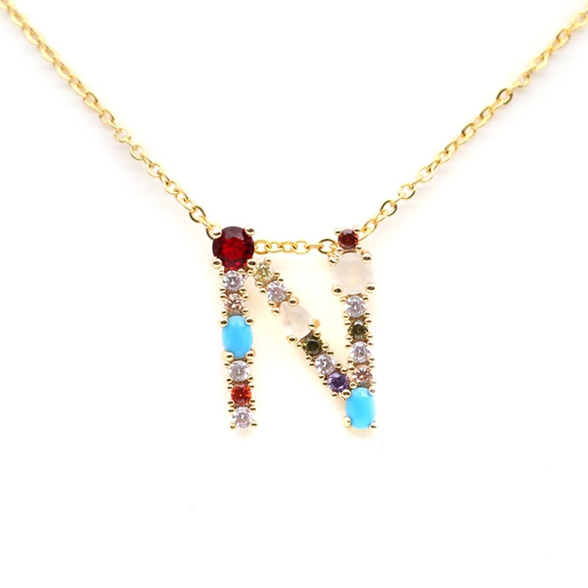 Picture of Stainless Steel & Copper Necklace Gold Plated Capital Alphabet/ Letter Message " N " Multicolour Cubic Zirconia 45cm(17 6/8") long, 1 Piece