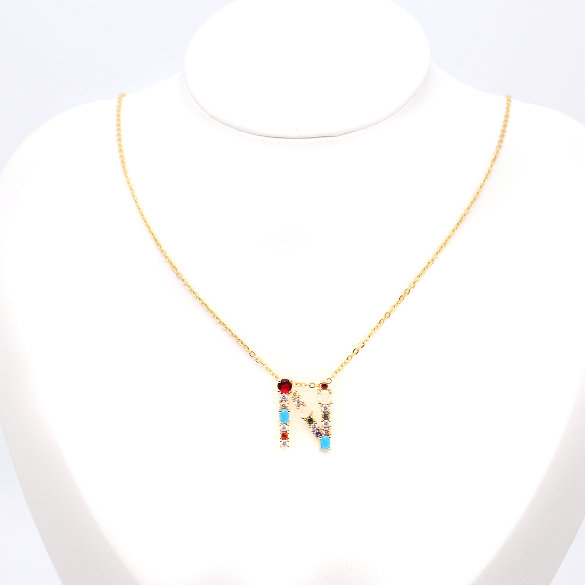 Picture of Stainless Steel & Copper Necklace Gold Plated Capital Alphabet/ Letter Message " N " Multicolour Cubic Zirconia 45cm(17 6/8") long, 1 Piece