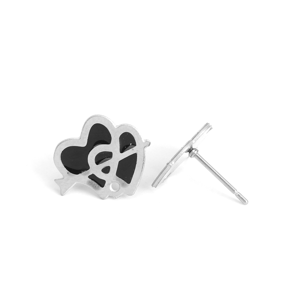 Picture of 304 Stainless Steel Ear Post Stud Earrings Heart Silver Tone Black Enamel W/ Loop 15mm x 12mm, Post/ Wire Size: (20 gauge), 6 PCs