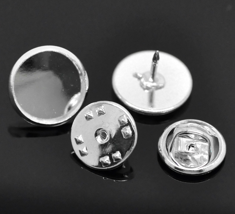 Picture of Brass Tie Tac Lapel Pin Brooches Findings Round Silver Plated Cabochon Settings (Fits 12mm Dia.) 14mm x10mm( 4/8" x 3/8") 11mm x6mm( 3/8" x 2/8"), 30 Sets