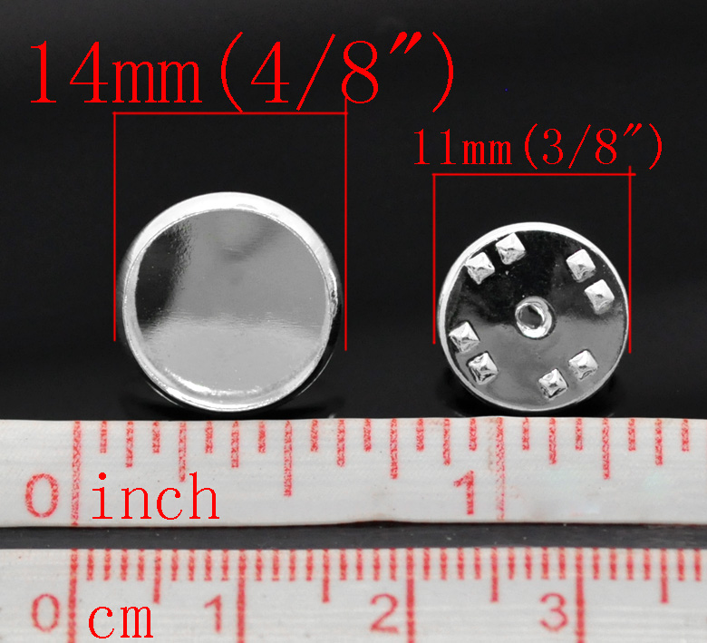 Picture of Brass Tie Tac Lapel Pin Brooches Findings Round Silver Plated Cabochon Settings (Fits 12mm Dia.) 14mm x10mm( 4/8" x 3/8") 11mm x6mm( 3/8" x 2/8"), 30 Sets