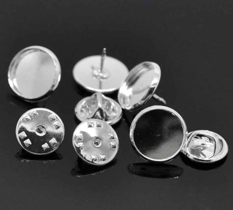 Picture of Brass Tie Tac Lapel Pin Brooches Findings Round Silver Plated Cabochon Settings (Fits 12mm Dia.) 14mm x10mm( 4/8" x 3/8") 11mm x6mm( 3/8" x 2/8"), 30 Sets