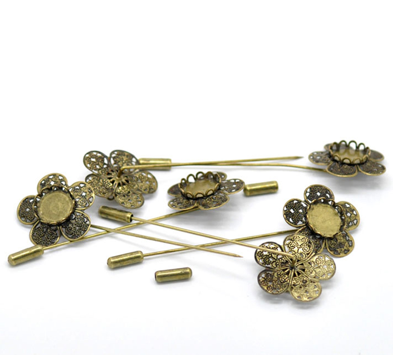 Picture of Brass Stick Pin Brooches Findings Flower Antique Bronze Cabochon Settings (Fits 12mm Dia.) 8.2cm(3 2/8") x 2.6cm(1"), 10 PCs
