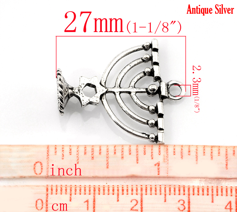 Picture of Zinc Metal Alloy 3D Charm Pendants Candle Menorah Antique Silver Color 27mm x 24mm(1 1/8"x1"), 10 PCs