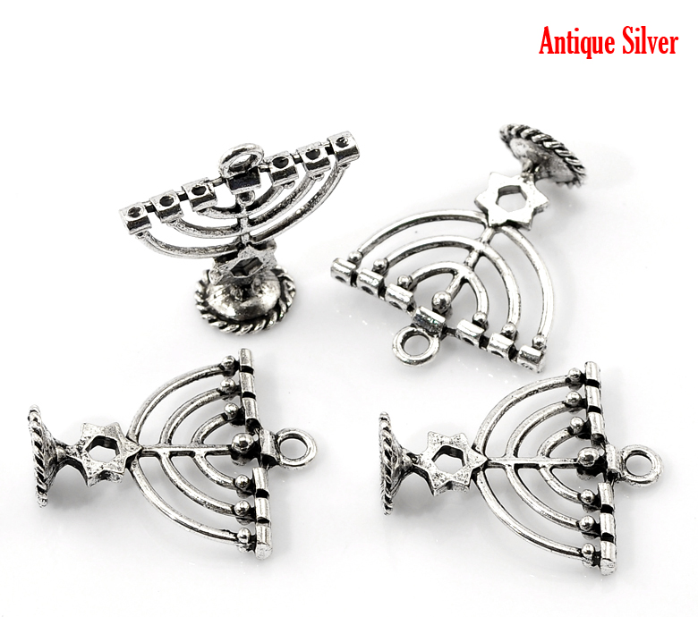 Picture of Zinc Metal Alloy 3D Charm Pendants Candle Menorah Antique Silver Color 27mm x 24mm(1 1/8"x1"), 10 PCs
