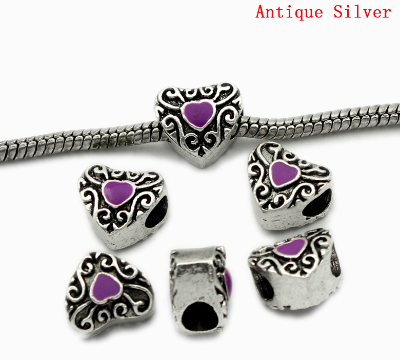 Picture of Zinc Metal Alloy European Style Large Hole Charm Beads Heart Antique Silver Color Pattern Carved Purple Enamel About 12mm x 11mm, Hole: Approx 4.7mm, 20 PCs