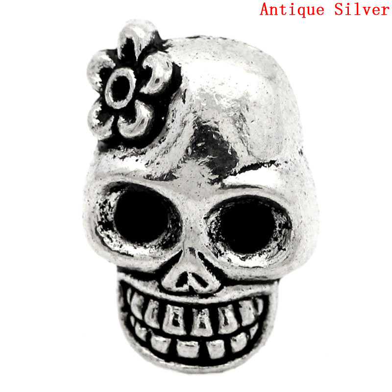 Picture of Zinc Based Alloy Day Of The Dead Slider Beads Sugar Skull Antique Silver Color Flower Carved About 20mm x 13mm, Hole:Approx 10mm x 7mm, 10 PCs