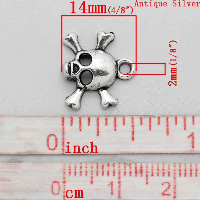Picture of Zinc Based Alloy Halloween Charms Skull Antique Silver Color 14mm x 14mm( 4/8"x 4/8"), 50 PCs