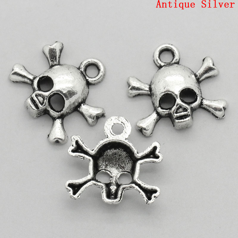 Picture of Zinc Based Alloy Halloween Charms Skull Antique Silver Color 14mm x 14mm( 4/8"x 4/8"), 50 PCs