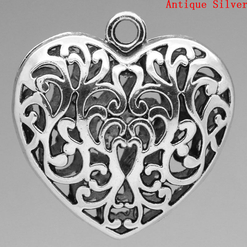 Picture of Zinc Metal Alloy 3D Pendants Heart Antique Silver Color Flower Hollow Carved 5.1cm(2") x 5cm(2"), 3 PCs