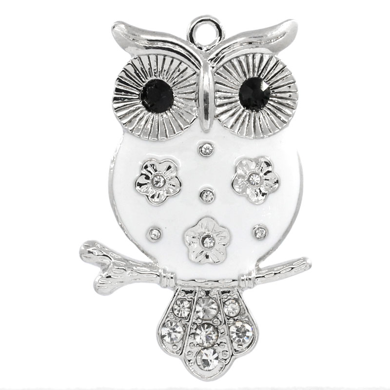 Picture of Zinc Metal Alloy Pendants Owl Animal Silver Tone White Enamel Clear & Black Rhinestone 5.1cm(2") x 3.2cm(1 2/8"), 3 PCs
