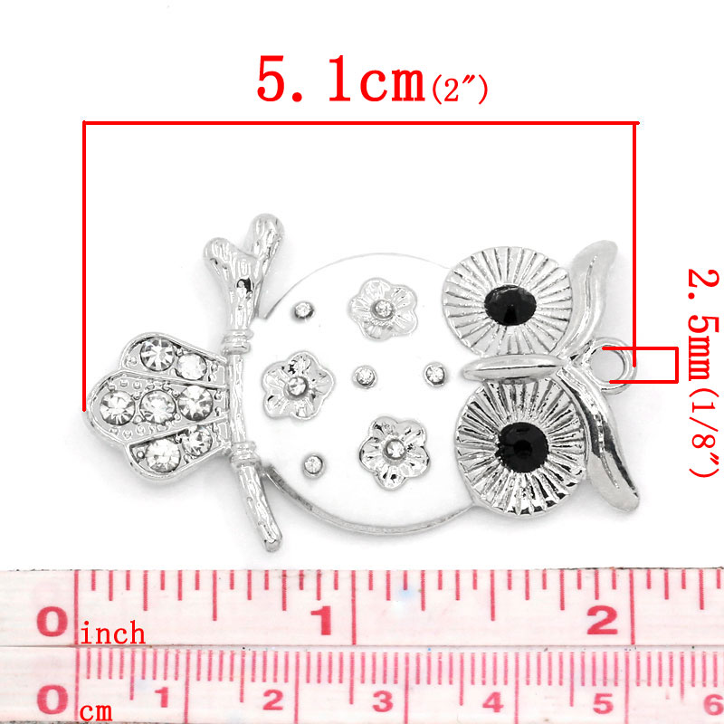 Picture of Zinc Metal Alloy Pendants Owl Animal Silver Tone White Enamel Clear & Black Rhinestone 5.1cm(2") x 3.2cm(1 2/8"), 3 PCs