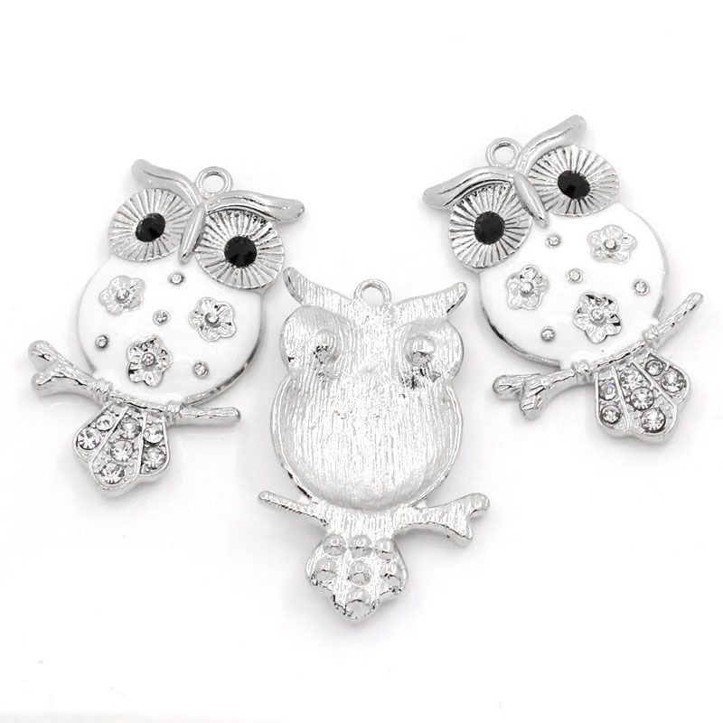 Picture of Zinc Metal Alloy Pendants Owl Animal Silver Tone White Enamel Clear & Black Rhinestone 5.1cm(2") x 3.2cm(1 2/8"), 3 PCs