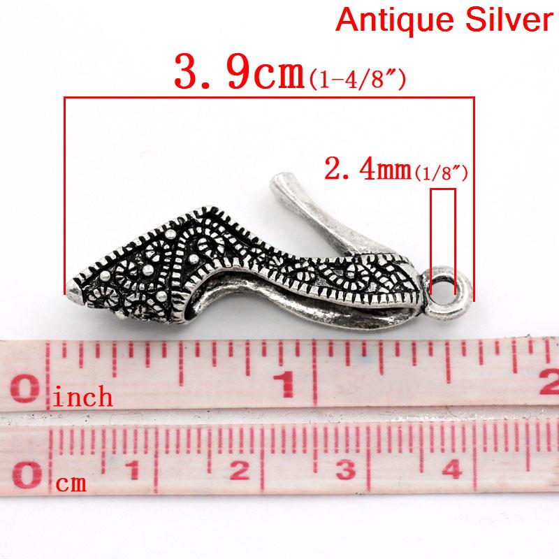 Picture of Zinc Metal Alloy 3D Pendants High-heeled Shoes Antique Silver Color Pattern Carved 39mm(1 4/8") x 17mm( 5/8"), 10 PCS