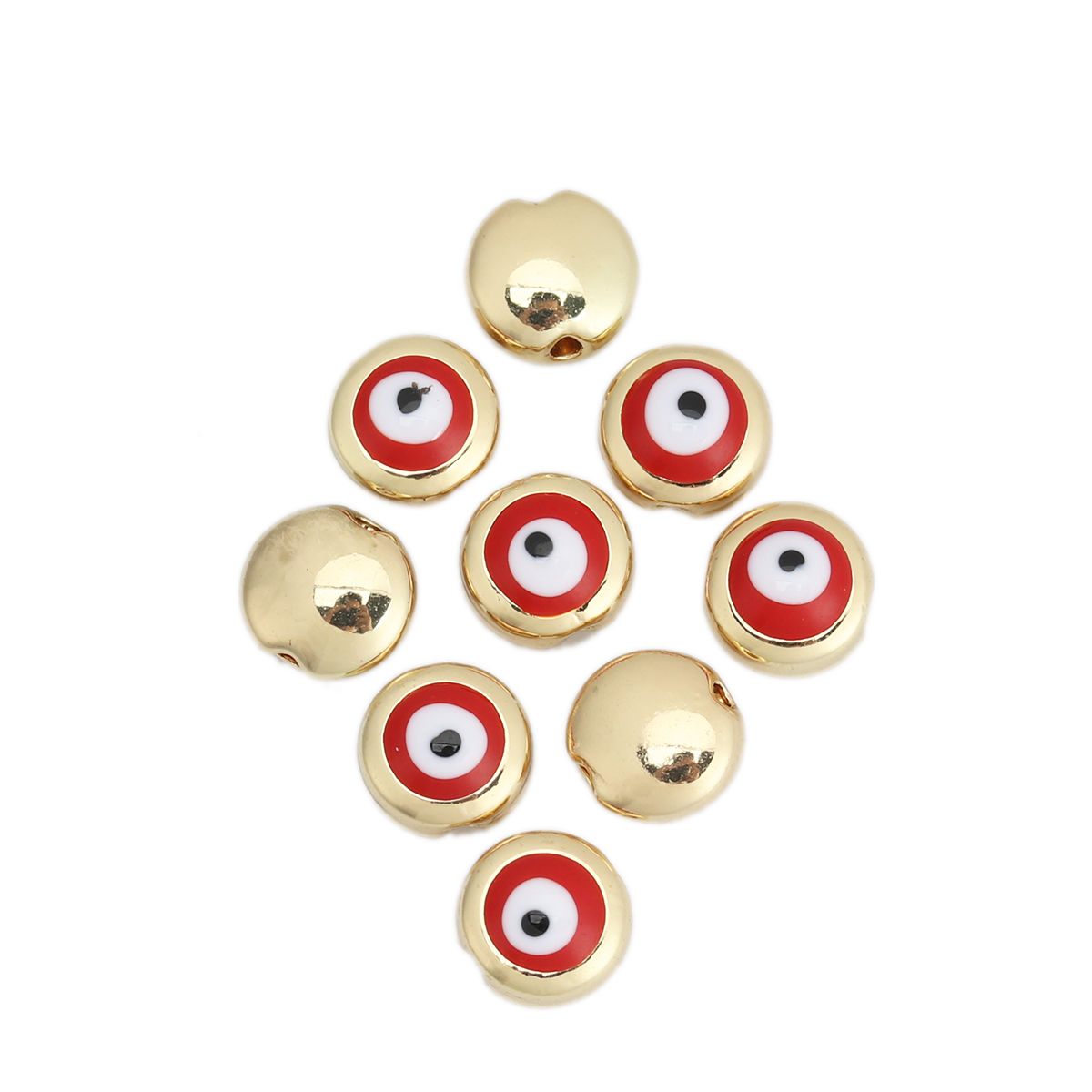 Picture of Zinc Based Alloy Spacer Beads Round Gold Plated Red Evil Eye Pattern Enamel About 8mm Dia., Hole: Approx 1.3mm, 10 PCs