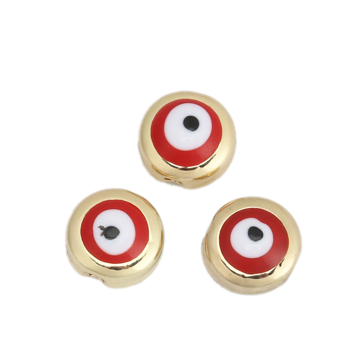 Picture of Zinc Based Alloy Spacer Beads Round Gold Plated Red Evil Eye Pattern Enamel About 8mm Dia., Hole: Approx 1.3mm, 10 PCs