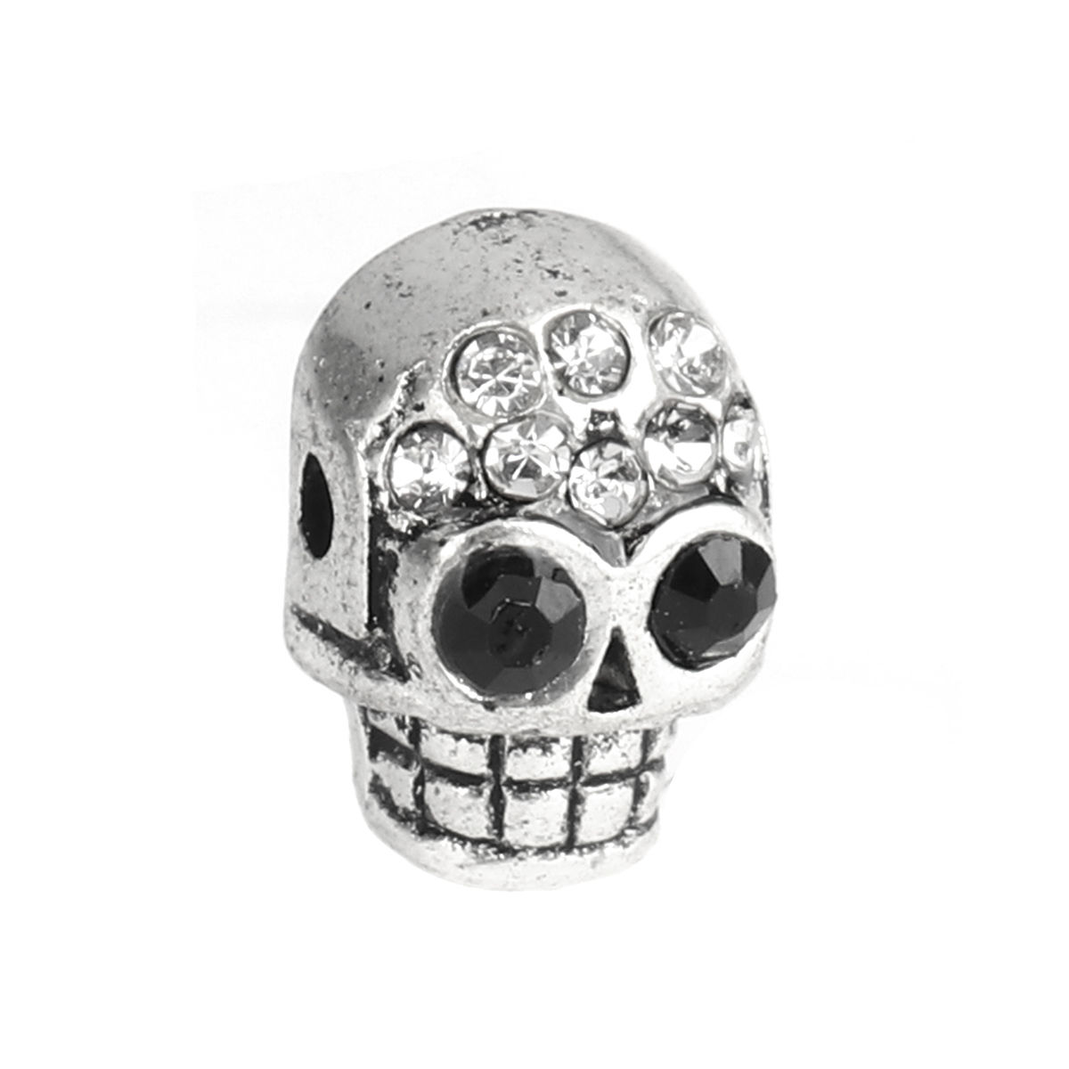 Picture of Zinc Based Alloy Halloween Beads Skull Antique Silver Color Black & Clear Rhinestone About 13mm x 9mm, Hole: Approx 1.8mm, 5 PCs