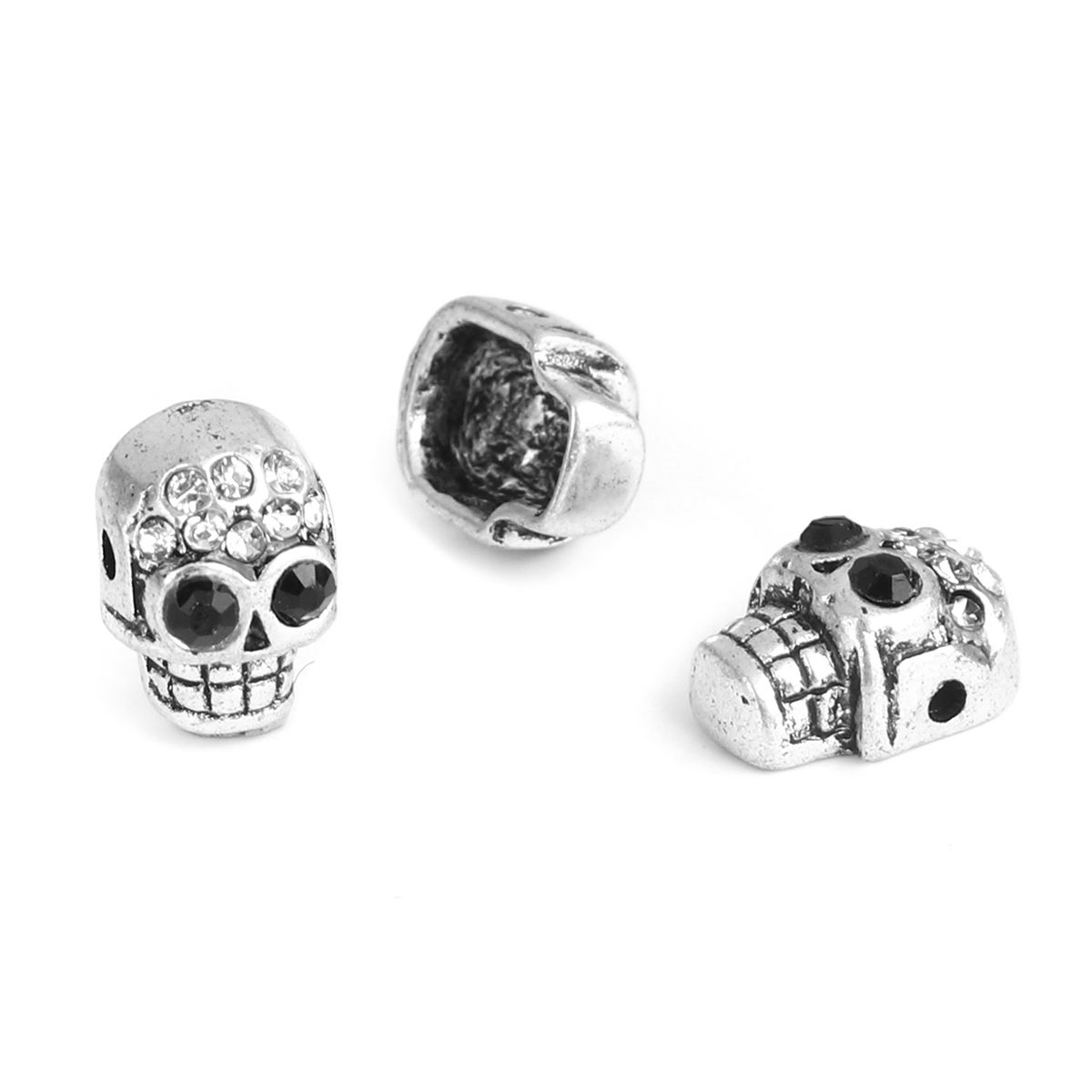Picture of Zinc Based Alloy Halloween Beads Skull Antique Silver Color Black & Clear Rhinestone About 13mm x 9mm, Hole: Approx 1.8mm, 5 PCs