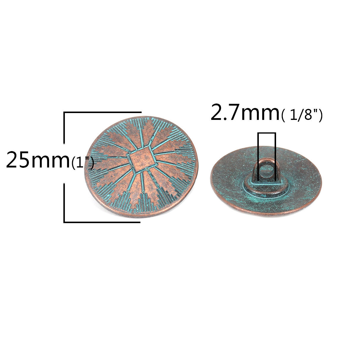 Picture of 10 PCs Zinc Based Alloy Metal Sewing Shank Buttons Antique Copper Green Blue Oval Patina Finish Verdigris Effect 25mm x 22mm