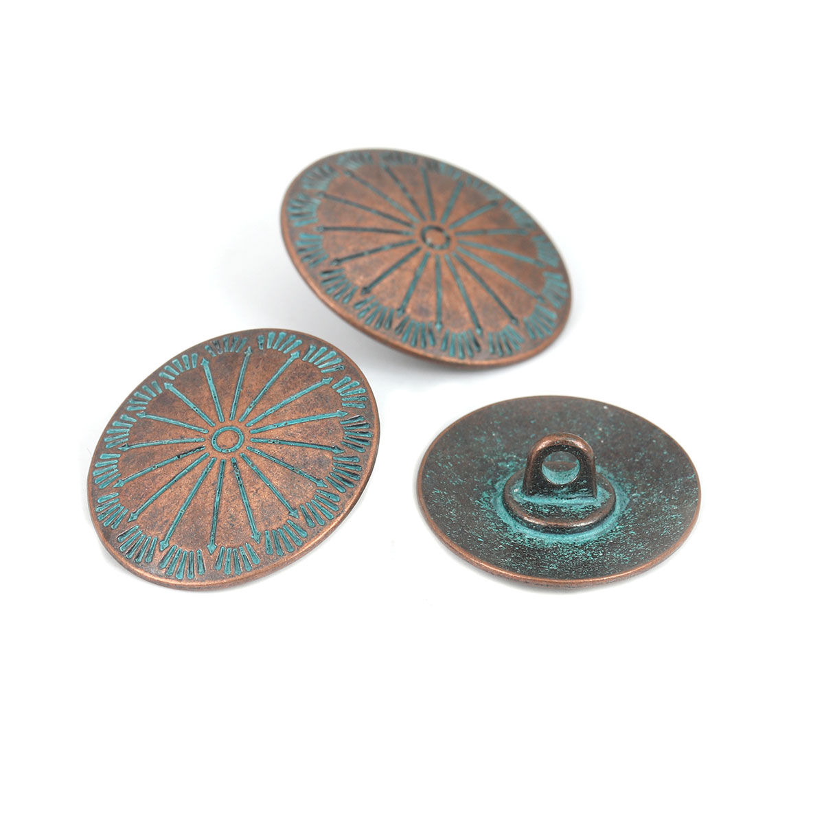 Picture of 10 PCs Zinc Based Alloy Metal Sewing Shank Buttons Antique Copper Green Blue Oval Patina Finish Verdigris Effect 25mm x 22mm