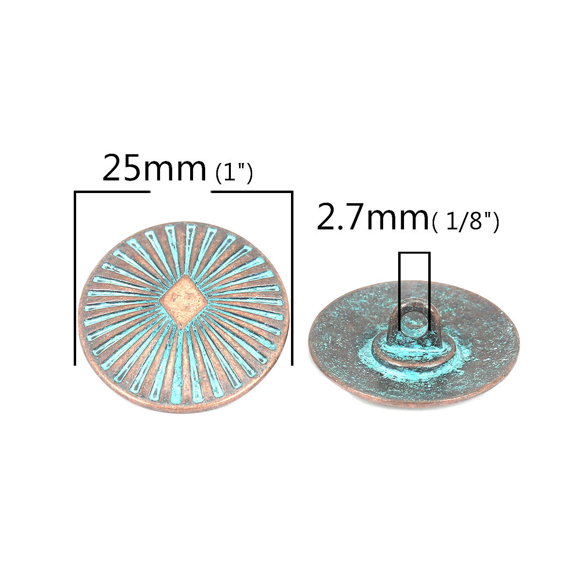 Picture of 10 PCs Zinc Based Alloy Metal Sewing Shank Buttons Antique Copper Green Blue Oval Patina Finish Verdigris Effect 25mm x 22mm