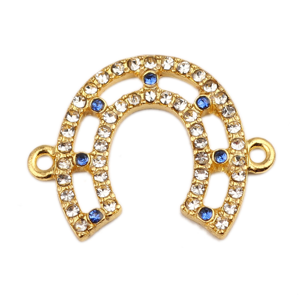Picture of Zinc Based Alloy Connectors Luck Horseshoe 18K Real Gold Plated White & Blue Hollow Clear & Blue Rhinestone 25mm x 20mm, 5 PCs