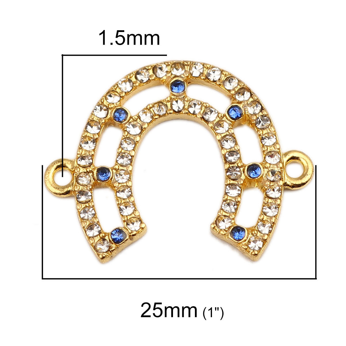 Picture of Zinc Based Alloy Connectors Luck Horseshoe 18K Real Gold Plated White & Blue Hollow Clear & Blue Rhinestone 25mm x 20mm, 5 PCs