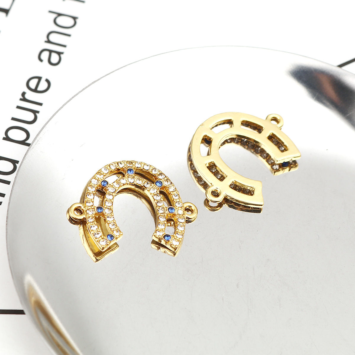 Picture of Zinc Based Alloy Connectors Luck Horseshoe 18K Real Gold Plated White & Blue Hollow Clear & Blue Rhinestone 25mm x 20mm, 5 PCs