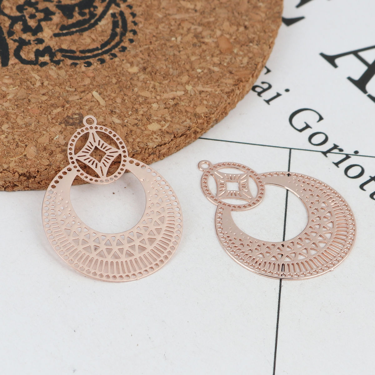 Picture of Brass Filigree Stamping Pendants Rose Gold Oval Hollow 3.2cm x 2.4cm, 10 PCs