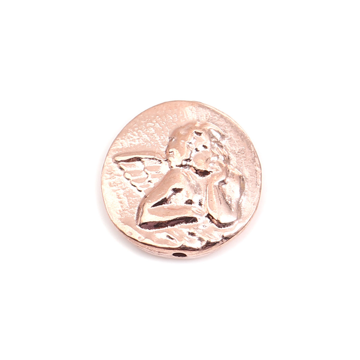 Picture of Zinc Based Alloy Religious Spacer Beads Flat Round Rose Gold Angel About 14mm Dia., Hole: Approx 1mm, 20 PCs